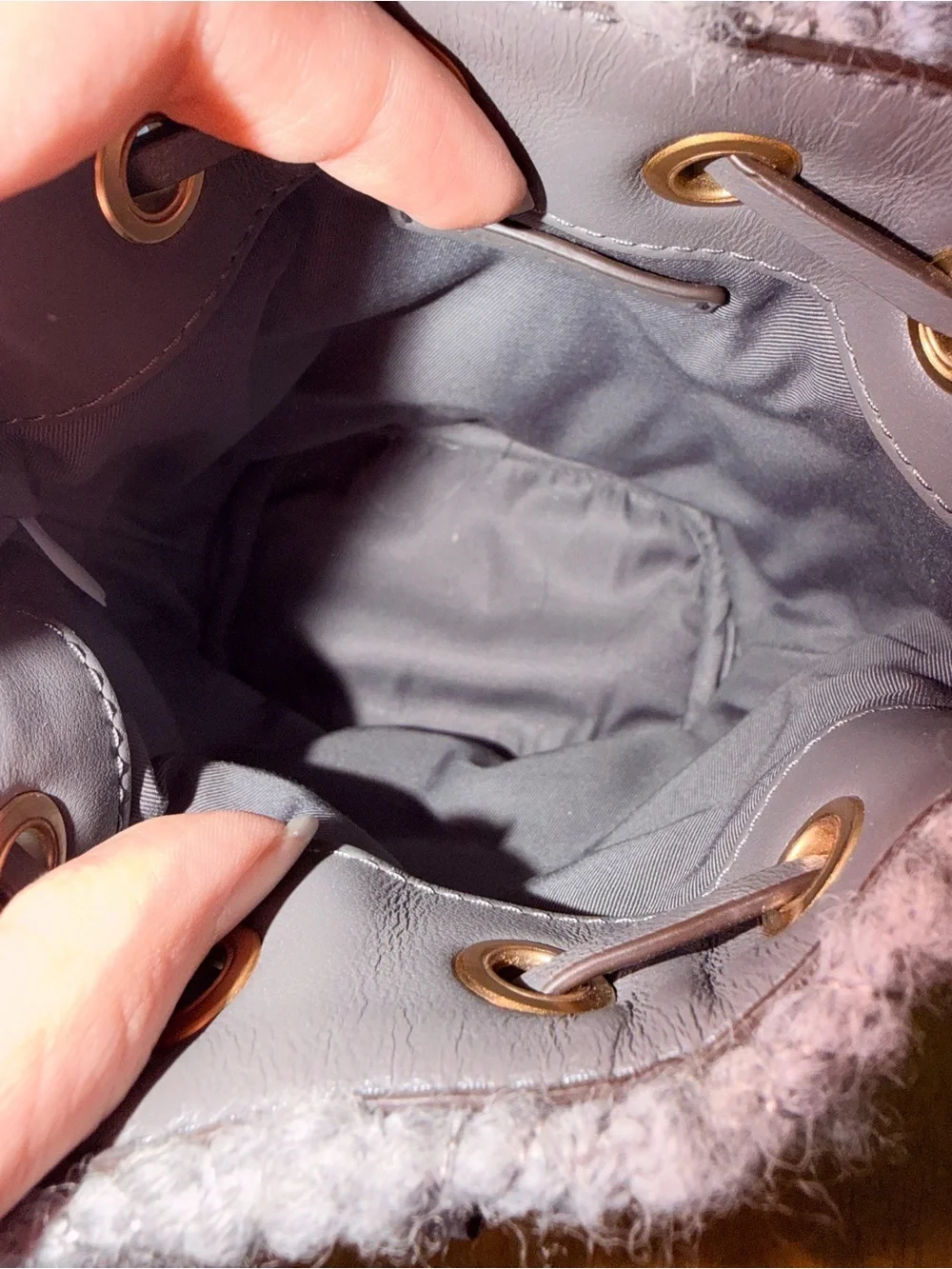 Tory Burch Fleming Soft Bouclé Mini Bucket Bag Carbon EUC